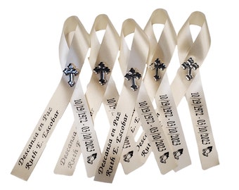 Personalized Memorial Funeral Ribbon Pins for Celebration of Life Assembled with Pins Attached with Name & Date Cross or Rose Custom Made