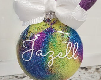 Personalized Bright Tie Dye Glitter Name Christmas Ornament - Custom Xmas Tree Hanging with Bow White Elephant Gift Box