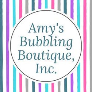 Puede incluir: Logotipo de Amy's Bubbling Boutique, Inc. con un círculo blanco y texto turquesa sobre un fondo de rayas verticales rosas, turquesas, moradas, grises y blancas.