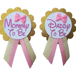 Personalized Girl Baby Shower Pin - Pink & Gold Mouse Daddy to be or Mommy to Be pin to wear Baby Sprinkle