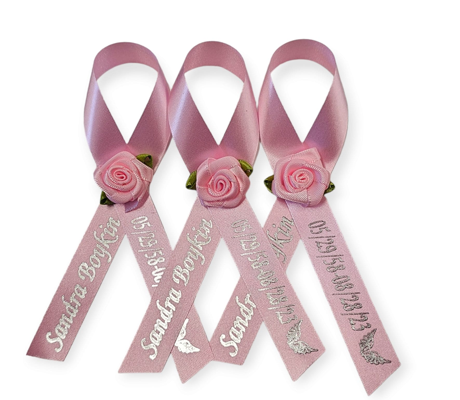Personalized Memorial Ribbons with Pins for Funeral or Celebration of Life Assembled Fundraiser Awareness Ribbon - Rose Center Decoration