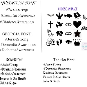 May include: A digital design sheet displaying four font styles: Invitation, Georgia, Romeo, and Tabitha. Each font shows text examples like #JessieStrong, Dementia Awareness, and #DiabetesAwareness. A grid of sixteen black icons includes symbols like a cross, heart, star, and crown.
