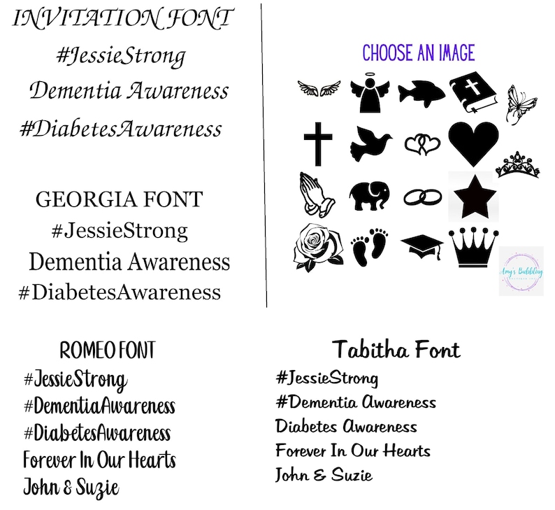 May include: A digital design sheet displaying four font styles: Invitation, Georgia, Romeo, and Tabitha. Each font shows text examples like #JessieStrong, Dementia Awareness, and #DiabetesAwareness. A grid of sixteen black icons includes symbols like a cross, heart, star, and crown.