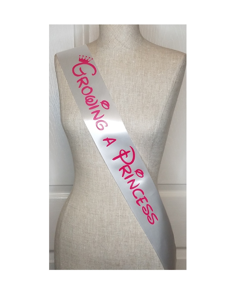 Baby Shower Sash Growing a Princess Pink & Gold Sash for mom to be to wear at Sprinkle, Comes with Rhinestone Silver Pin adjustable sizing image 1