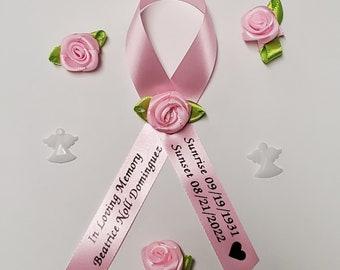 Personalized Memorial Ribbons with Pins for Funeral or Celebration of Life Assembled Fundraiser Awareness Ribbon - Rose Center Decoration