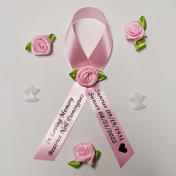 Personalized Memorial Ribbons with Pins for Funeral or Celebration of Life Assembled Fundraiser Awareness Ribbon - Rose Center Decoration