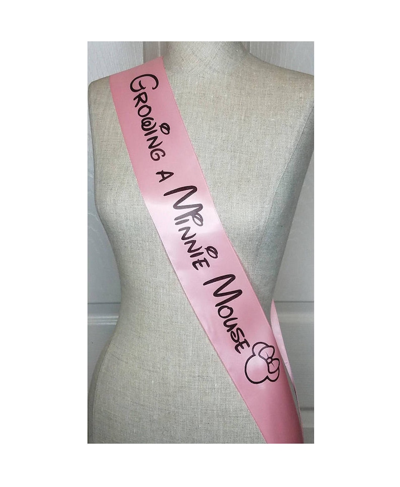 Growing a Minnie Mouse Sash for Baby Shower for mommy to be to wear at Baby Sprinkle, Comes with a Pin for Adjustable Closure image 1