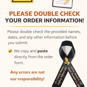 May include: A memorial ribbon in black with gold text reading In Loving Memory Jeffery Alfonso Hall, Sunrise: March 21, 1957, Sunset: December 12, 2025, featuring a gold praying hands pin. The image includes text instructions to double check order information.