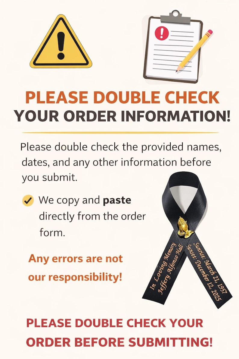 May include: A memorial ribbon in black with gold text reading In Loving Memory Jeffery Alfonso Hall, Sunrise: March 21, 1957, Sunset: December 12, 2025, featuring a gold praying hands pin. The image includes text instructions to double check order information.