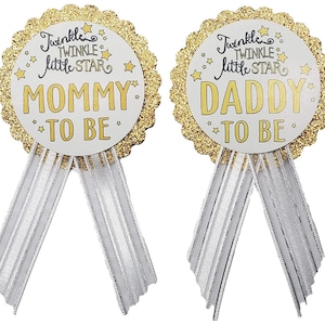 Mommy or Daddy to Be Baby Shower Twinkle Little Star Theme Pins to Wear at Gender Reveal