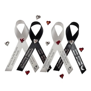 Personalized Funeral Ribbon Pins for Memorial or Celebration of Life Crystal Heart Assembled Ribbons for All Occasions