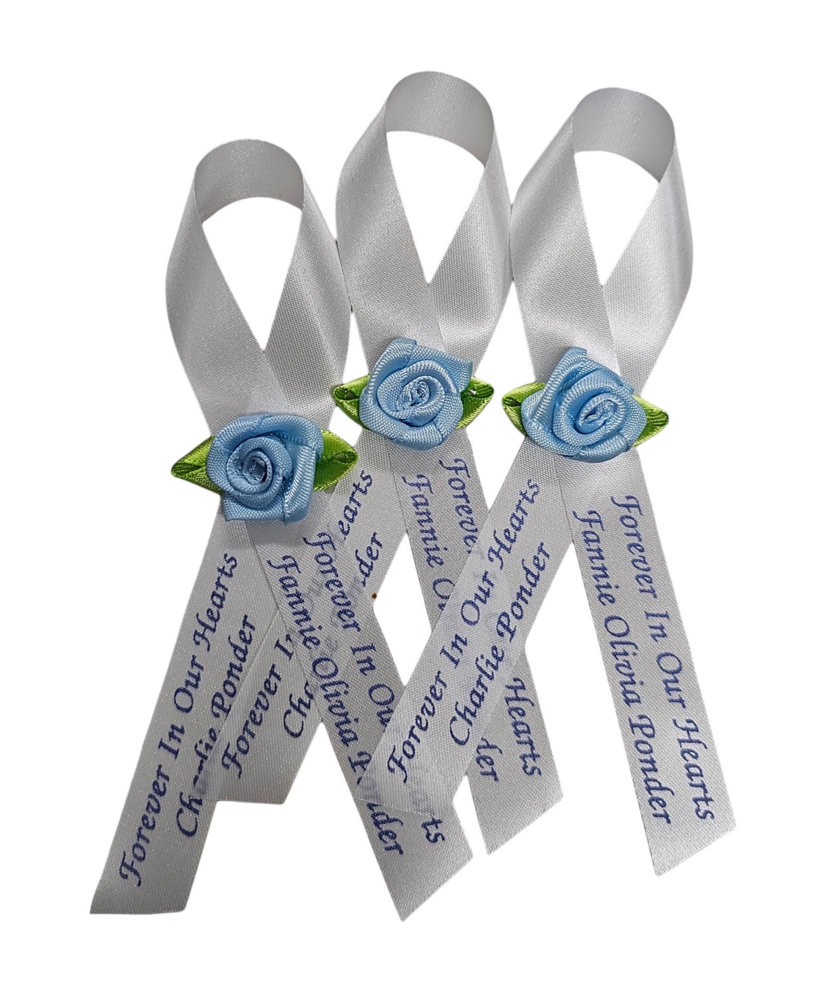 Personalized Memorial Ribbons with Pins for Funeral or Celebration of Life Assembled Fundraiser Awareness Ribbon - Rose Center Decoration