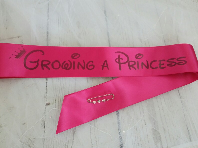 Baby Shower Sash Growing a Princess Pink & Gold Sash for mom to be to wear at Sprinkle, Comes with Rhinestone Silver Pin adjustable sizing image 6