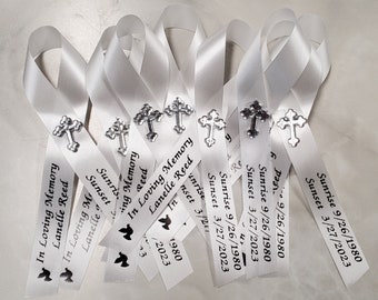 Personalized Memorial Ribbons Pins Funeral or Celebration of Life Assembled with Pins Attached for Baptism or Christening | Pack of 20