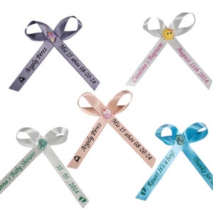 25 Personalized Ribbons Name Baby Shower Bridal Wedding or Birthday Celebration Party Favor Custom Wording Assembled Bows