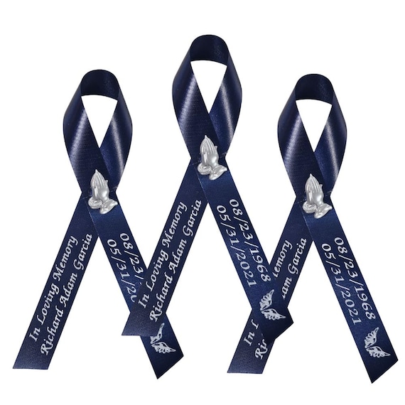 Personalized Memorial Ribbon Pin – Praying Hands Keepsake, Funeral Favor