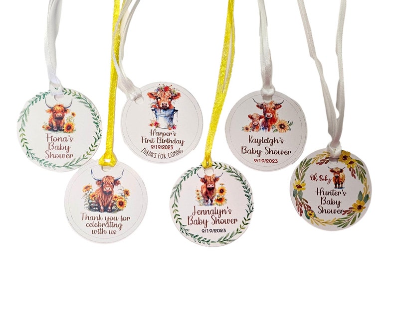 Highland Cow Baby Shower Birthday Party Bridal Shower Gender Reveal Personalized Tags image 1