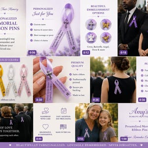 May include: A collection of personalized memorial ribbon pins featuring satin ribbons in various colors, including lavender, white, yellow, and pink. Each ribbon is adorned with a metal charm such as a cross, butterfly, angel, or dove.