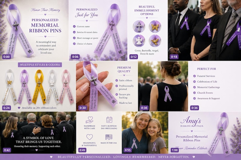 May include: A collection of personalized memorial ribbon pins featuring satin ribbons in various colors, including lavender, white, yellow, and pink. Each ribbon is adorned with a metal charm such as a cross, butterfly, angel, or dove.