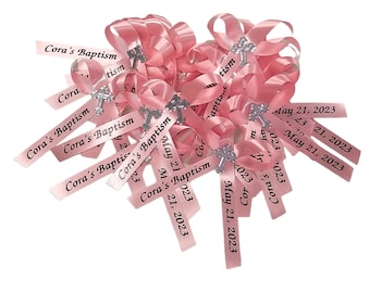 25 Personalized Ribbon Bows - Christening or Baptism Bautismo Baby Shower Celebration Party Favor Custom Wording Assembled for Gifts