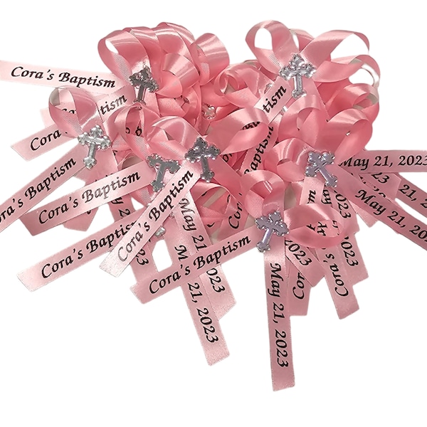 25 Personalized Ribbon Bows - Christening or Baptism Bautismo Baby Shower Celebration Party Favor Custom Wording Assembled for Gifts