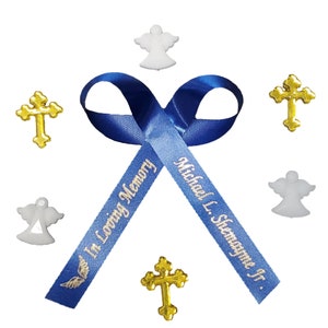 Personalized Memorial Ribbons for Celebration of Life Party Favor Custom Wording Assembled Bows for Baptism or Christening | Pack of 25