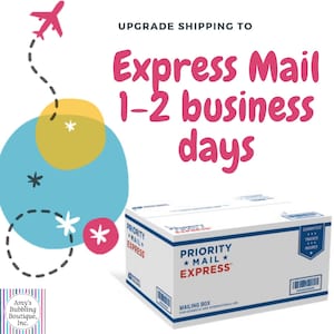 May include: A white Priority Mail Express shipping box with a blue and red logo. The box is on a white background with a blue and yellow circle and a red airplane with a dashed line trail. The text on the box reads "Priority Mail Express" and "Mailing Box". The text on the background reads "Upgrade Shipping to Express Mail 1-2 business days".