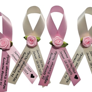 Personalized Memorial Ribbons with Pins for Funeral or Celebration of Life Assembled Fundraiser Awareness Ribbon - Rose Center Decoration