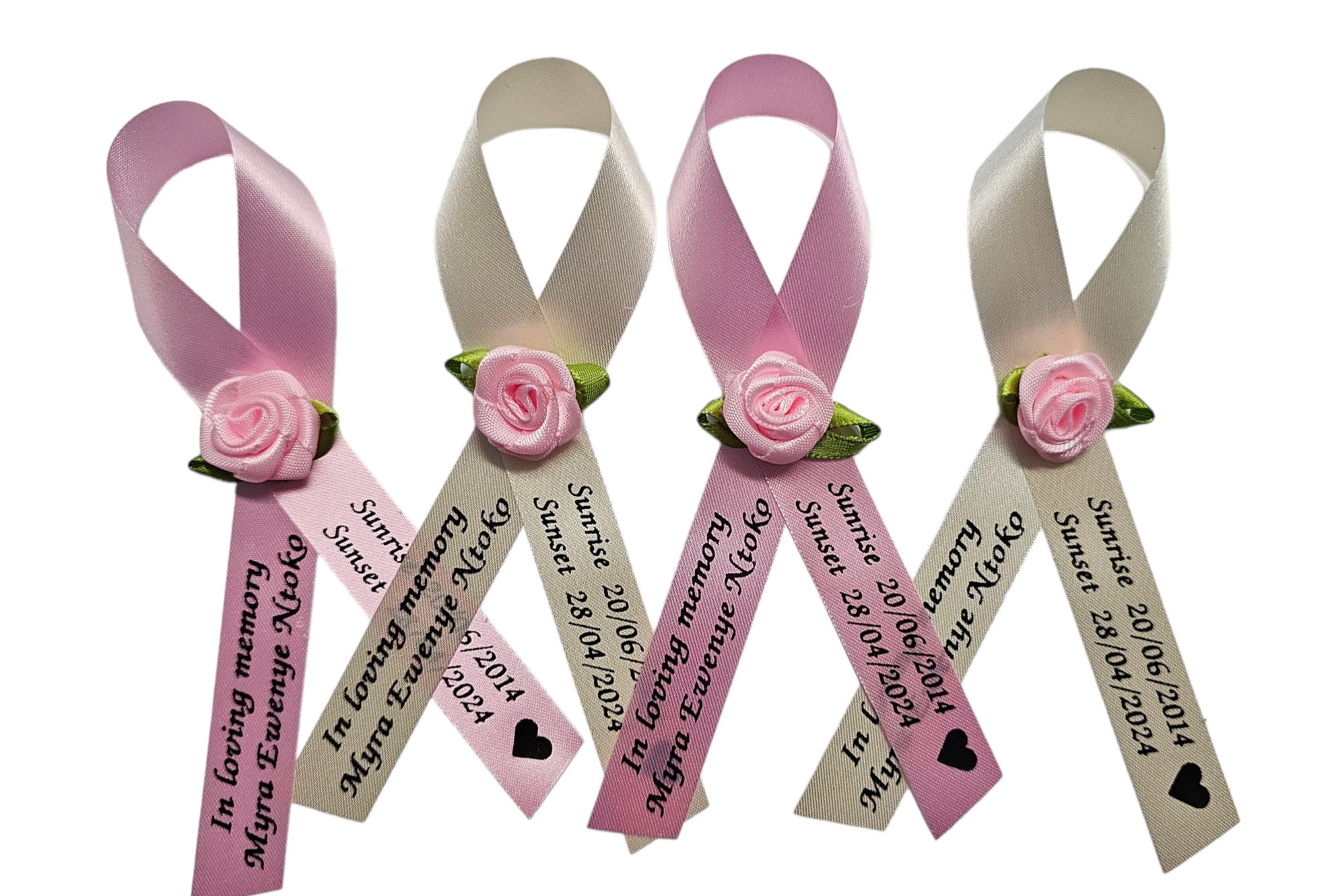 Personalized Memorial Ribbons with Pins for Funeral or Celebration of Life Assembled Fundraiser Awareness Ribbon - Rose Center Decoration