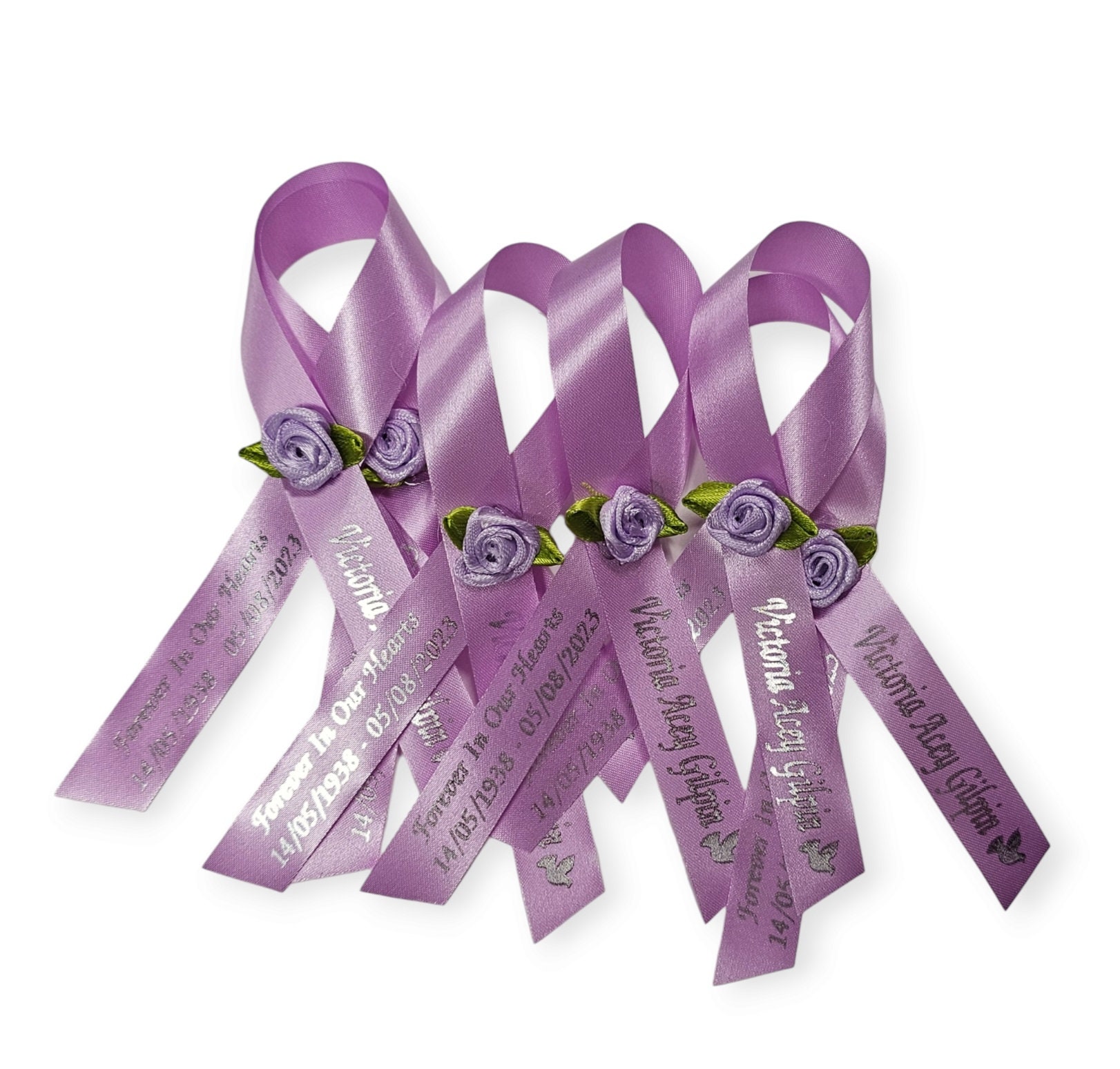 Personalized Memorial Ribbons with Pins for Funeral or Celebration of Life Assembled Fundraiser Awareness Ribbon - Rose Center Decoration