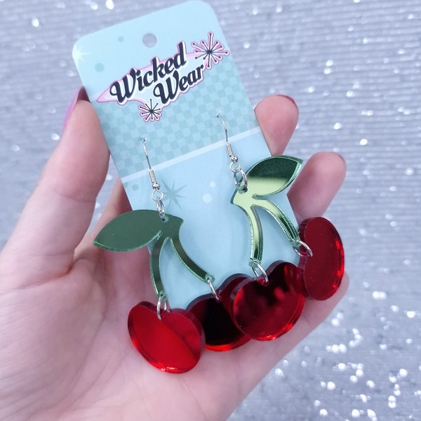 Acrylic Cherry Earrings Dangle Lightweight Handcrafted Fruit-themed Jewelry Nickel Free Red Lasercut Custom Hooks Fashionable Rockabilly