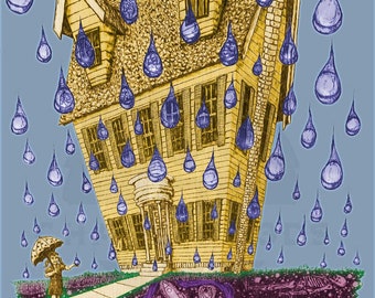 House with periwinkle sky & purple rain - Archival Giclée certified limited edition print - Great for fans of spooky, haunted, fantasy art