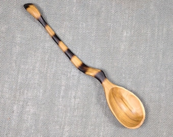 Wood Spoon Hand Carved, Shou Sugi Ban, Black Handle: Cooking, Serving Natural Cottagecore Kitchen