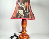 Bombshell Lamp - Pin-Up Girl & nuclear explosion on Ash wood base with hand painted stained shade - Great rock-a-billy decor original art