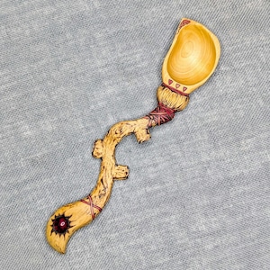Witch Broom Fire Element Spoon - Hand carved Poplar wood for ritual spell casting brews in cauldron - Great for hedge witch or cottagecore