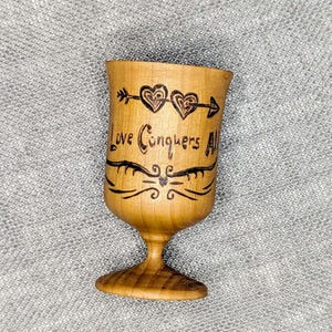 Love Conquers All wood cordial shot glass - Hand turned & sealed with food safe epoxy, 2oz - Great wedding, 5th anniversary or romantic gift