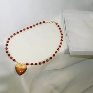 Hand Carved Cedar Heart with Carnellian and Gold Plate Beads