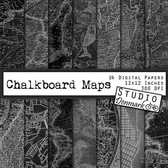 chalkboard maps digital paper 14 antique black and white etsy