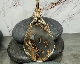 Turkish Stick Agate Pendant Necklace, 14K Gold Filled Wire Wrapped Jewelry