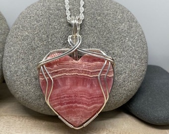 Rhodochrosite Heart Pendant, Argentium Silver Wire Wrapped Necklace