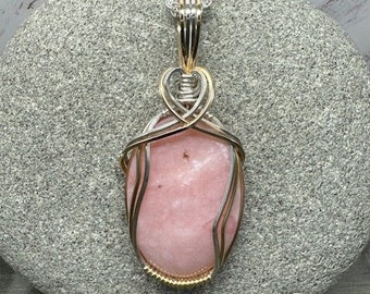 Handmade Peruvian Pink Opal Pendant Necklace, Argentium Silver and 14K Gold Filled Wire