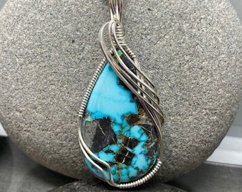 Blue Moon Turquoise Pendant, Argentium Silver Wire Wrapped Necklace