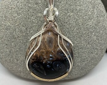 Fossilized Palm Root Pendant Necklace, Argentium Silver & 14K Gold Wire Wrapped