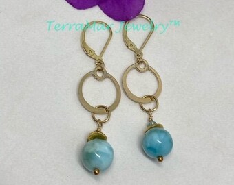 Handmade Larimar Chandelier Earrings, 14K Gold Filled, Dolphin Stone