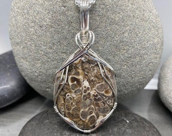 May include: A silver wire wrapped pendant featuring a brown and white fossilized stone. The pendant is hanging from a silver chain.