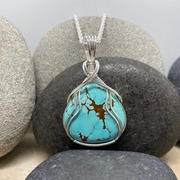 Turquoise, Turquoise Jewelry, Number 8 Mine Turquoise Pendant Necklace, Wire Wrapped in Argentium Sterling Silver, Gift December Birthstone