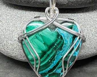 Wire Wrapped Malachite Chrysocolla Pendant, Argentium Silver Heart Necklace