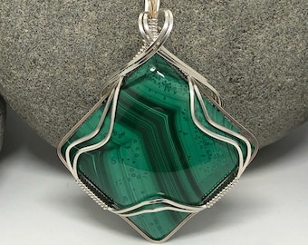 Wire Wrapped Malachite Pendant, Argentium Silver Necklace, Handmade Jewelry