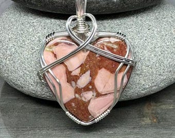 Brecciated Pink Jasper Jewelry Pendant Necklace, Wire Wrapped Heart Jewelry in Argentium Silver