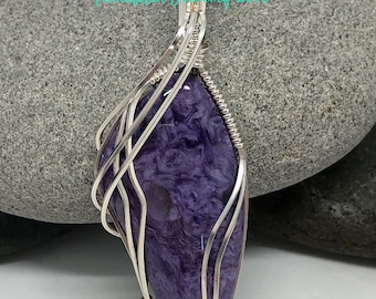 Wire Wrapped Charoite Pendant, Argentium Sterling Silver Necklace